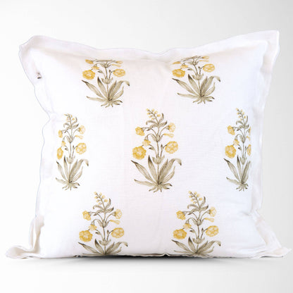 Lucy Hand Painted Block Print Floral Pillow Cover - Gold: 20X20