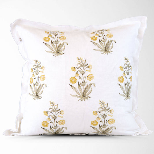 Lucy Hand Painted Block Print Floral Pillow Cover - Gold: 20X20