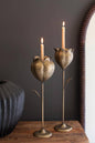 SET OF TWO ANTIQUE BRASS TULIP TAPER CANDLE HOLDERS: Gold / Metal / Large: 5" x 5.5" x 20.5"t; 
Small: 5" x 4.75" x 19"t
