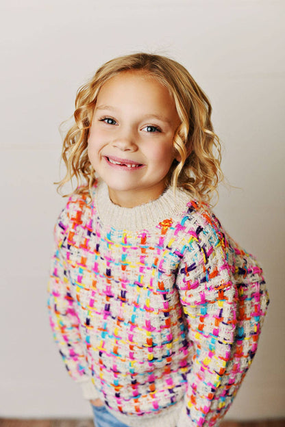 Kids Rainbow Colored Knit Texture Crew Neck Fall Sweater: 5/6