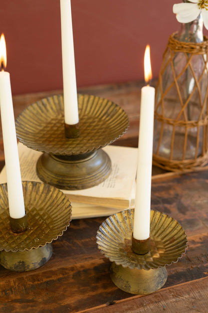 SET OF THREE TAPER CANDLE HOLDERS W FLUTED BASES -ANT GOLD: Gold / Metal / Large: 7"d x 3.5"t;  
Medium: 5.75"d x 2.75"t;  
Small: 4.5"d x 2.75"t