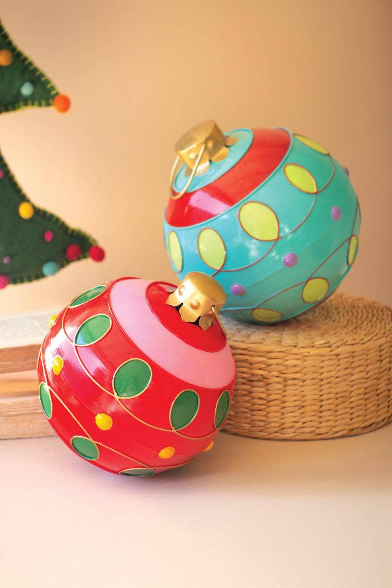 SET/2 LARGE COLORFUL CHRISTMAS BALL ORNAMENTS: Multi / Metal / Large: 11"d x 13"t;  
Small: 10"d x 11"t