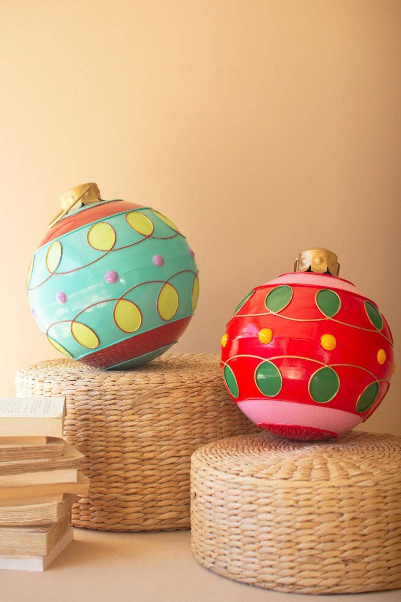 SET/2 LARGE COLORFUL CHRISTMAS BALL ORNAMENTS: Multi / Metal / Large: 11"d x 13"t;  
Small: 10"d x 11"t
