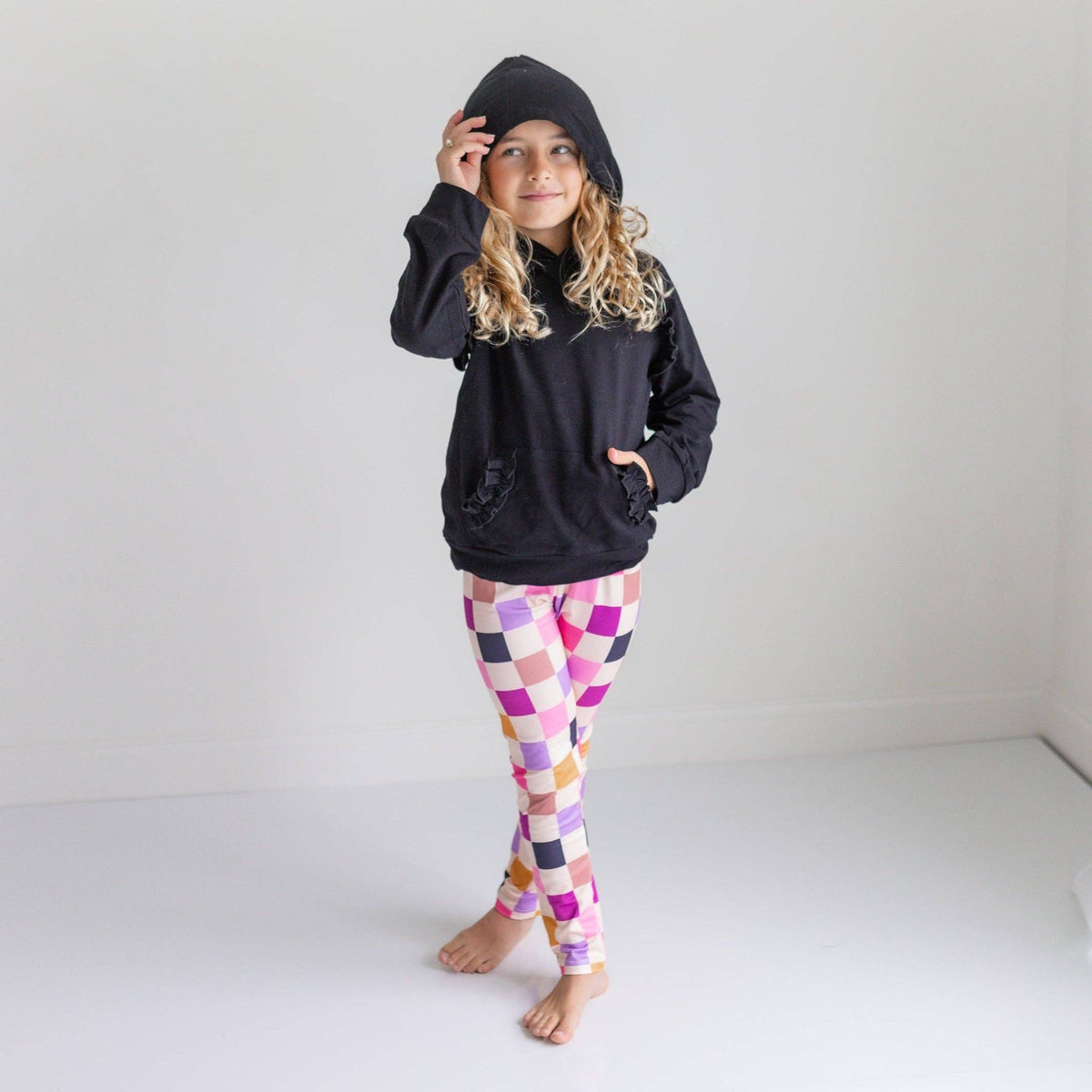 Kids Dark Gray Ruffle Hoodie & Checkered Leggings Fall Set: 7/8