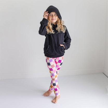 Kids Dark Gray Ruffle Hoodie & Checkered Leggings Fall Set: 7/8