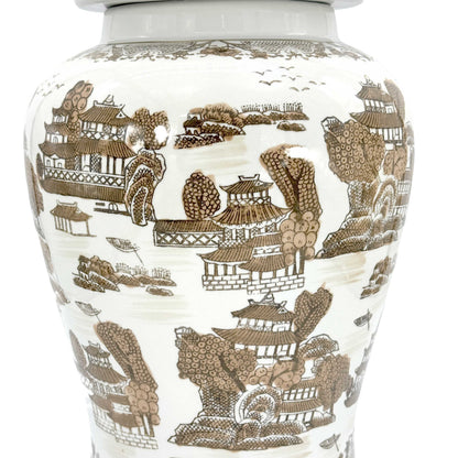 Brown & White Landscape Chinoiserie Ceramic Jar 25"