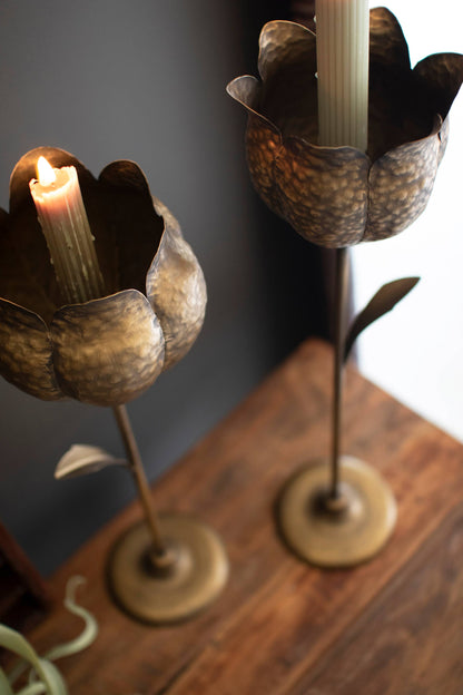 SET OF TWO ANTIQUE BRASS TULIP TAPER CANDLE HOLDERS: Gold / Metal / Large: 5" x 5.5" x 20.5"t; 
Small: 5" x 4.75" x 19"t