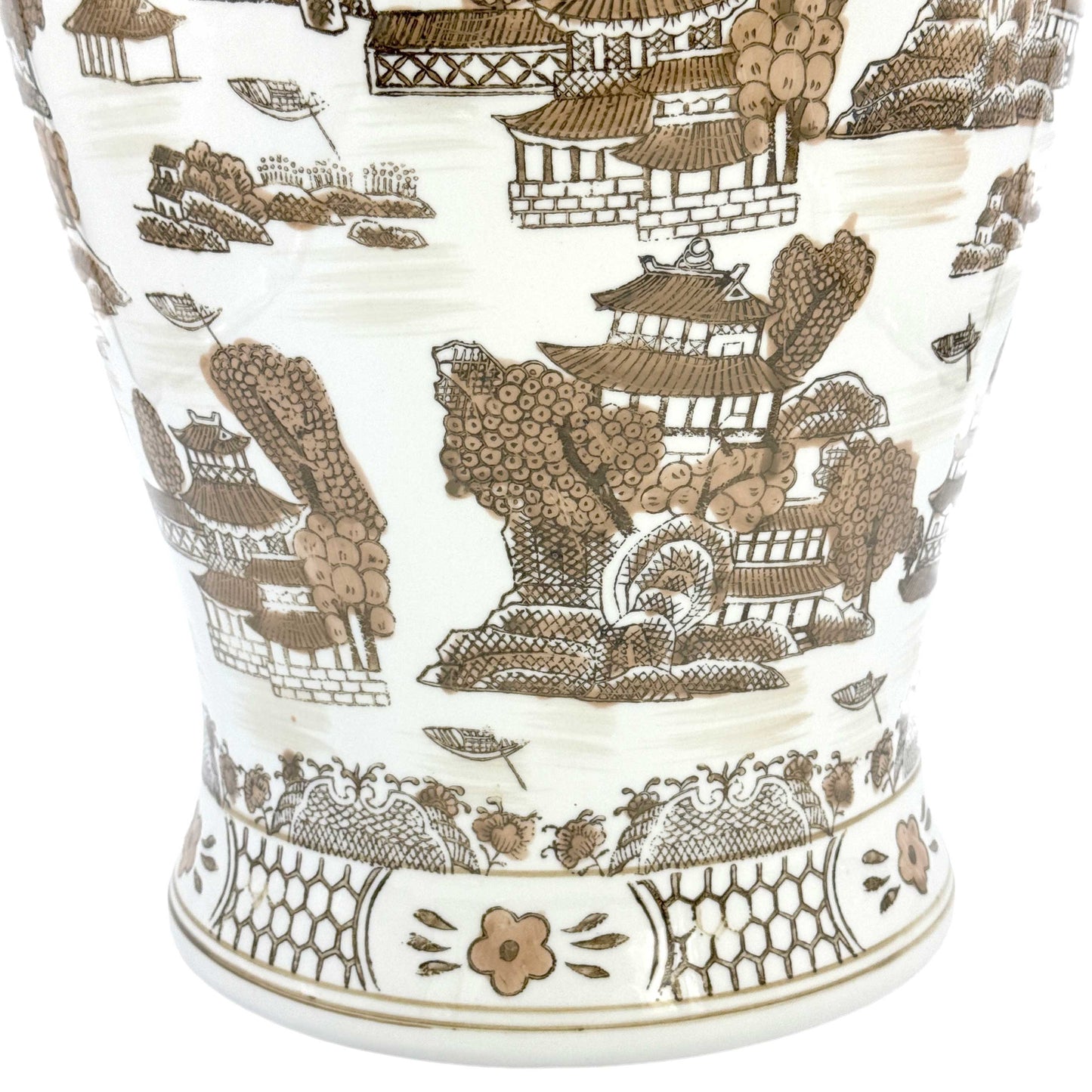 Brown & White Landscape Chinoiserie Ceramic Jar 25"