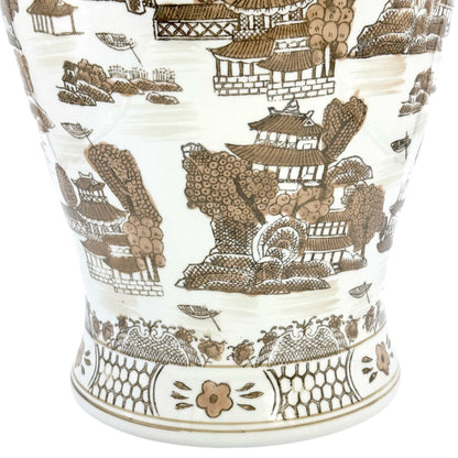Brown & White Landscape Chinoiserie Ceramic Jar 25"