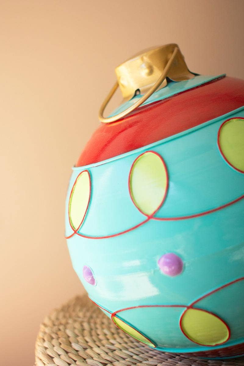 SET/2 LARGE COLORFUL CHRISTMAS BALL ORNAMENTS: Multi / Metal / Large: 11"d x 13"t;  
Small: 10"d x 11"t
