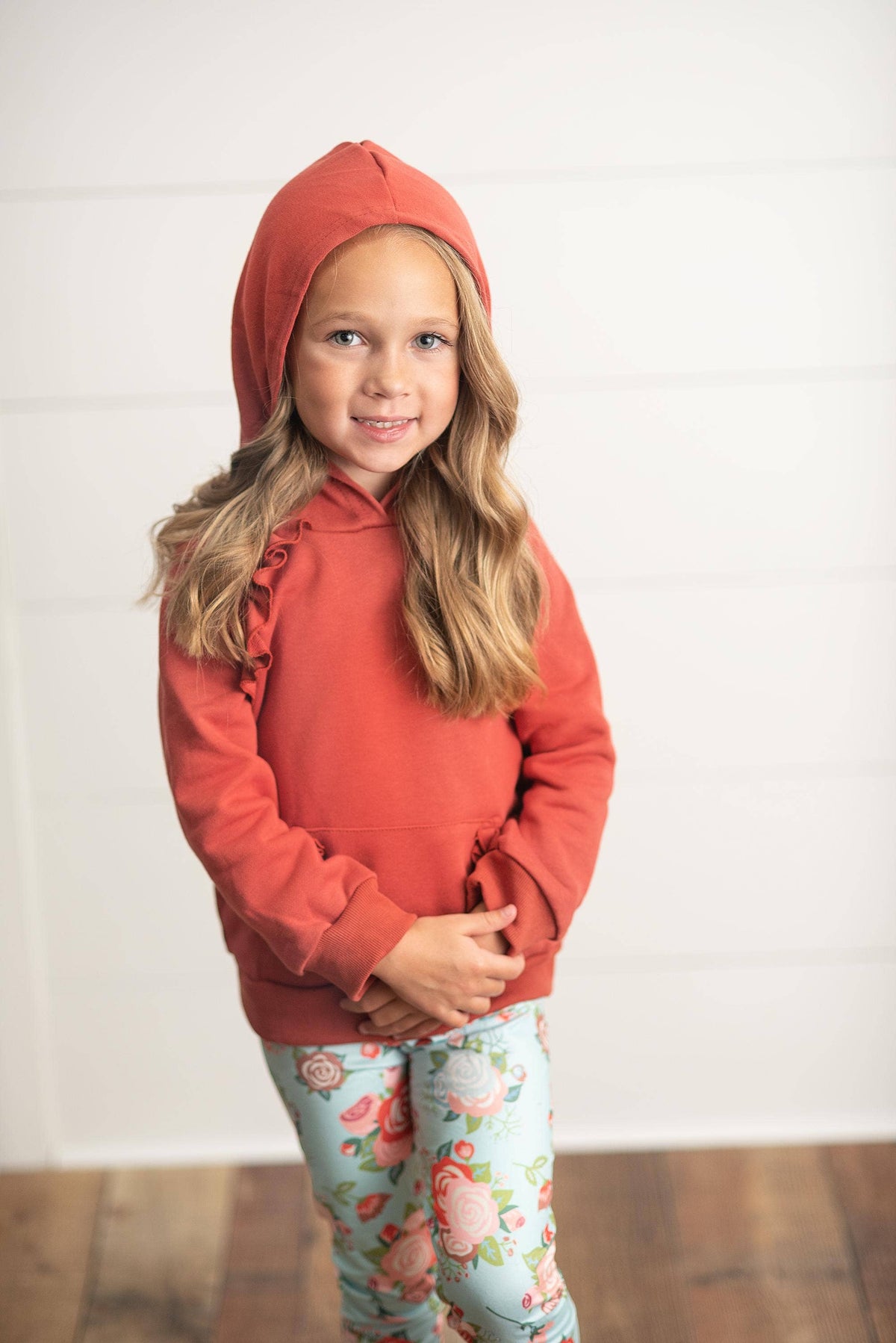 Kids Rust Pocket Ruffle Hoodie Shirt & Leggings Fall Set: 7/8