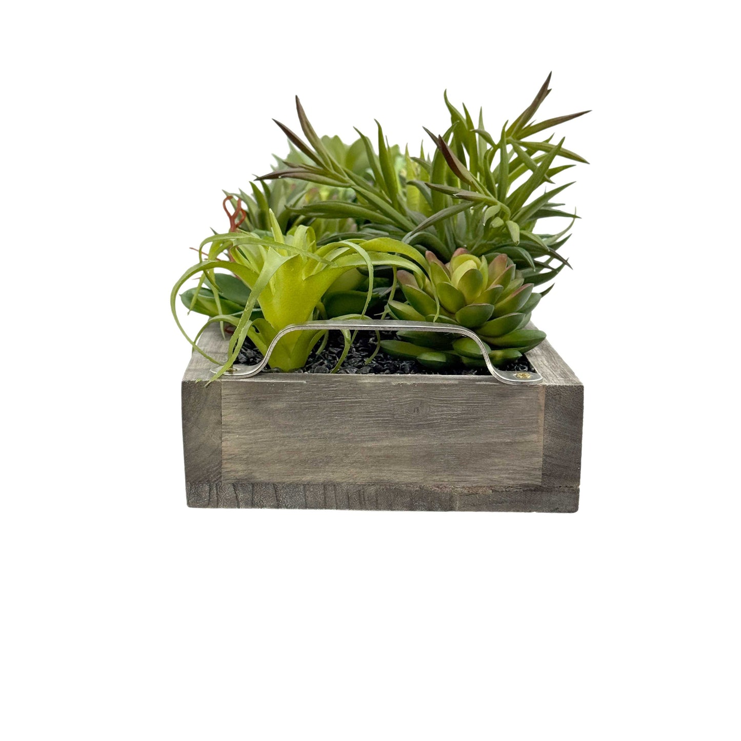 Faux Succulents in 31" Wooden Tray with Handles Black Rocks