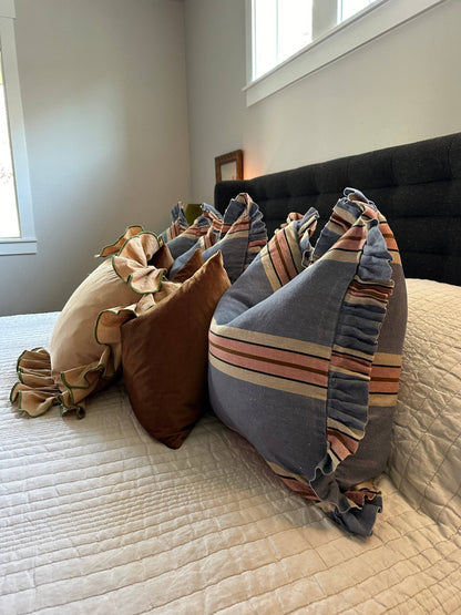 Foxy Blue Striped-Ruffle Pillow Cover: 22x22 Cover Only
