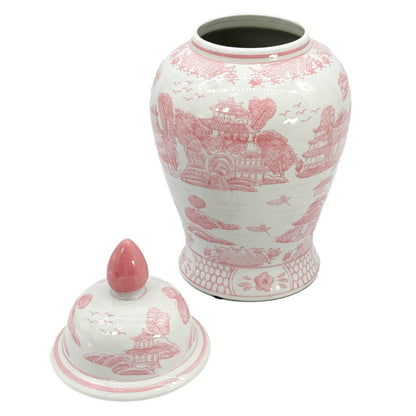 Pink & White Chinoiserie Ceramic Jar 18"