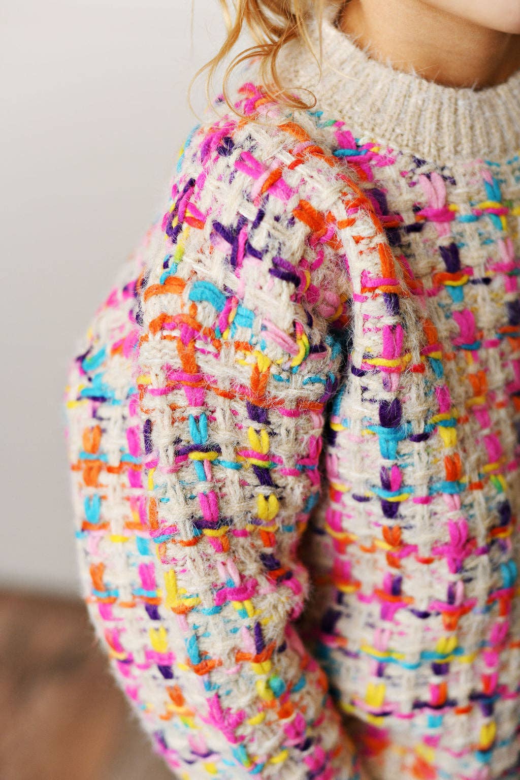 Kids Rainbow Colored Knit Texture Crew Neck Fall Sweater: 7/8