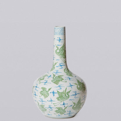 Green and Blue Porcelain Cranes and Clouds Globe Vase