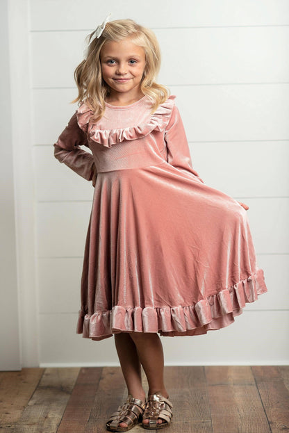 Kids Pink Velvet Ruffle Fancy Winter Christmas Holiday Dress: 7/8