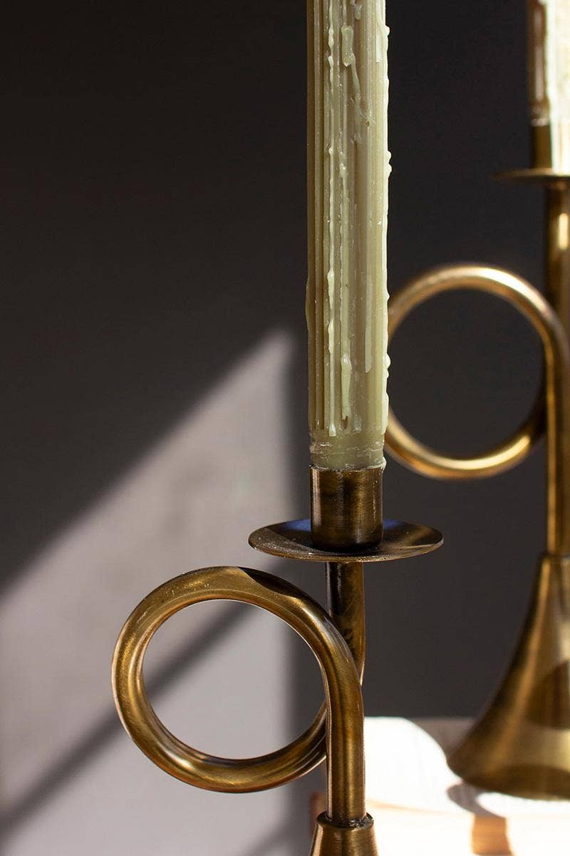 SET OF THREE ANTIQUE BRASS TRUMPET TAPER CANDLE HOLDERS