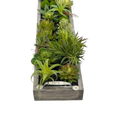 Faux Succulents in 31" Wooden Tray with Handles Black Rocks
