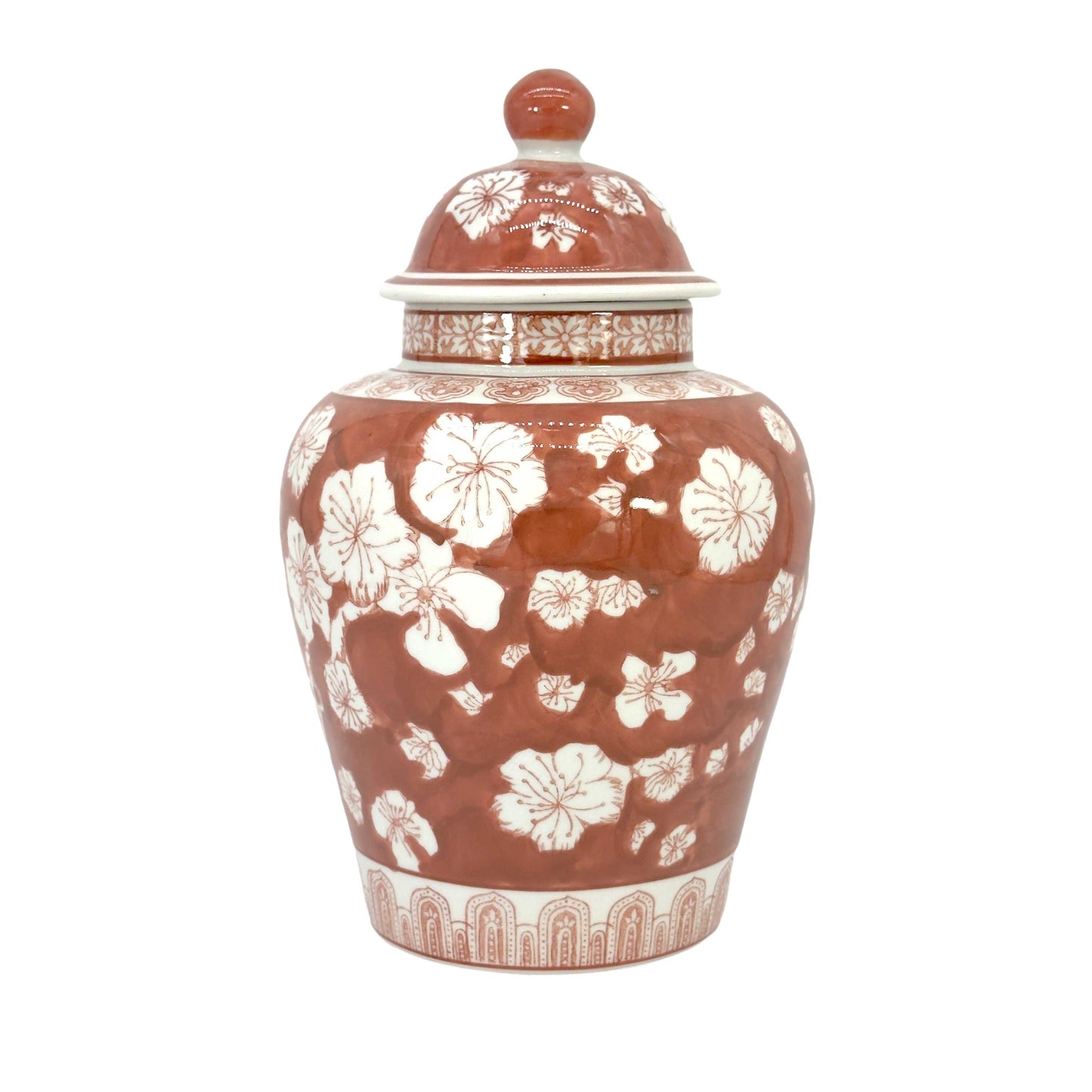 Floral Chinoiserie Ceramic Ginger Jar 12": Rust Red