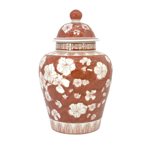 Floral Chinoiserie Ceramic Ginger Jar 12": Rust Red