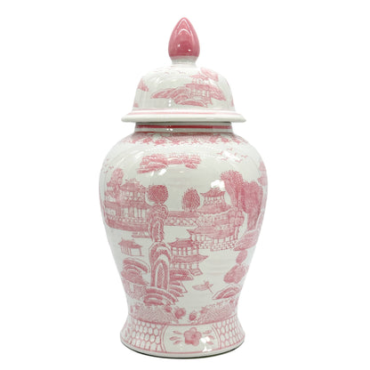 Pink & White Chinoiserie Ceramic Jar 18"