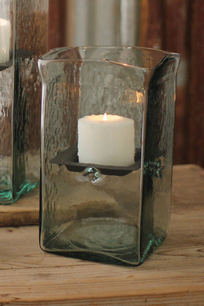 SQUARE CANDLE HURRICANE - SMALL: Clear / Glass/Metal / 6.5" x 6.5" x 11"t