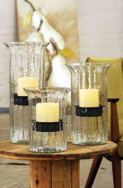 RIBBED GLASS CANDLE CYLINDER W RUSTIC INSERT - LARGE: Clear / Glass/Metal / 7" x 19"t