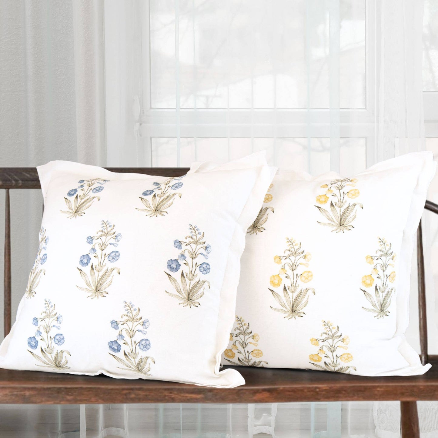 Lucy Hand Painted Block Print Floral Pillow Cover - Gold: 20X20
