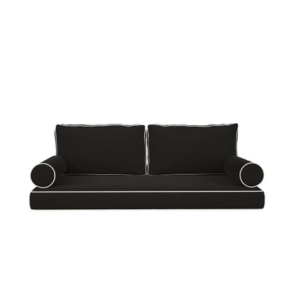 Cushion Perfect Sunbrella Mattress & Pillow Set with Contrasted Piping, Style 4: Canvas Black with Canvas White Piping / 5 ft Mattress and Pillow Set