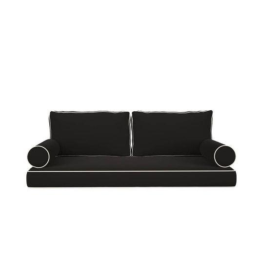 Cushion Perfect Sunbrella Mattress & Pillow Set with Contrasted Piping, Style 4: Canvas Black with Canvas White Piping / 5 ft Mattress and Pillow Set
