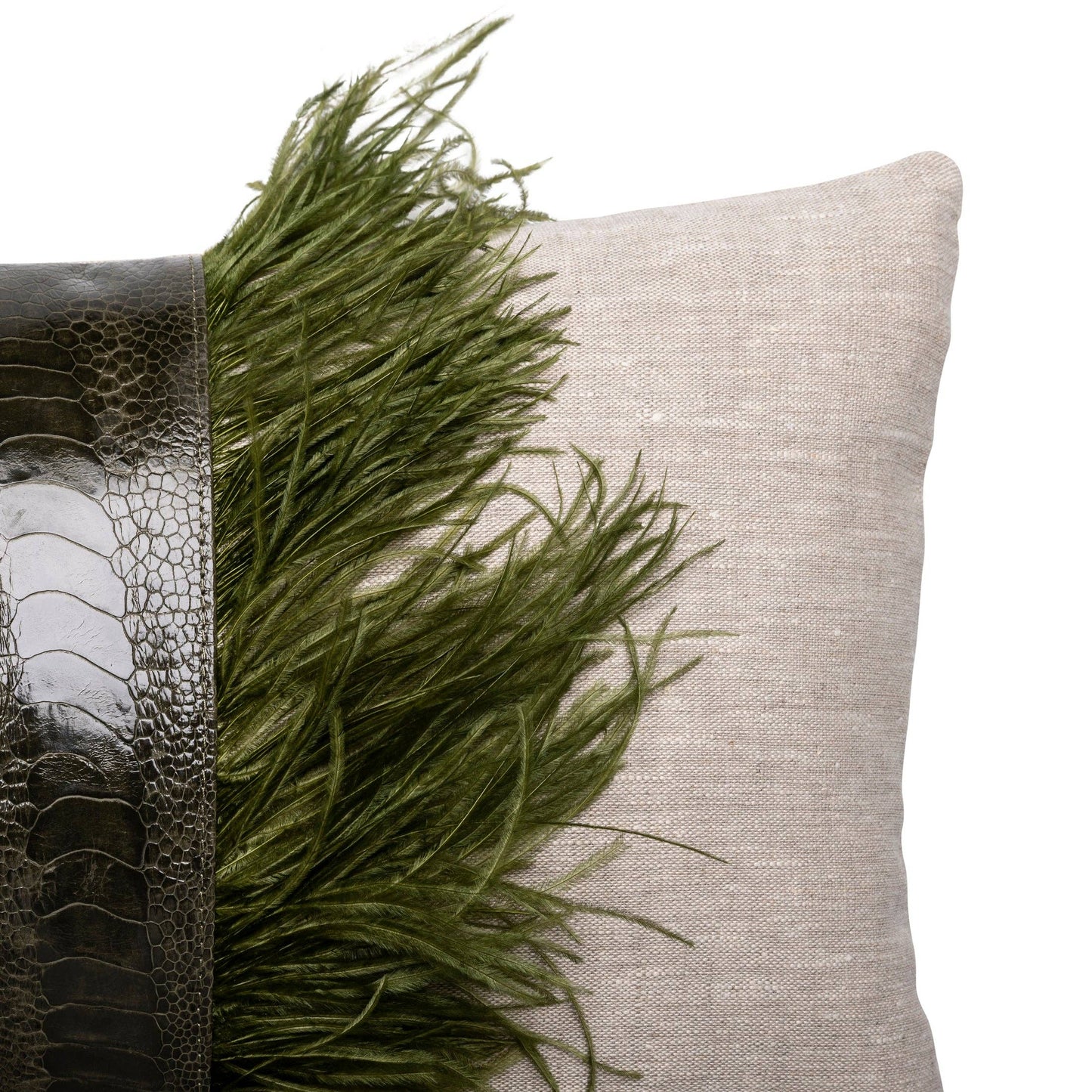 Ostrich Trim Pillow - Olive / Linen