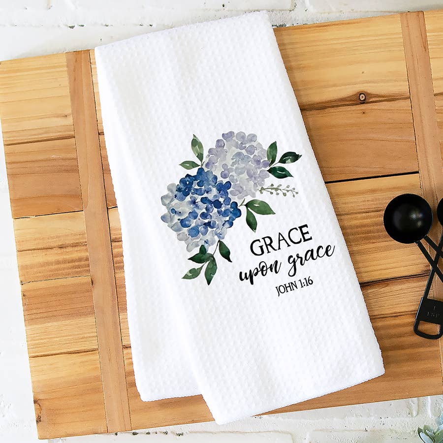 Grace Bible Verse Hydrangea Towel, Floral Decor, For Her: Transparent Cellophane Sleeve