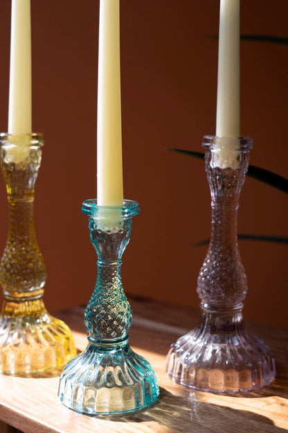 SET OF SIX GLASS TAPER CANDLE HOLDERS: Multi / Glass / Large (3): 4”d x 8.5”t;  
Small (3): 3.5” x 6”t