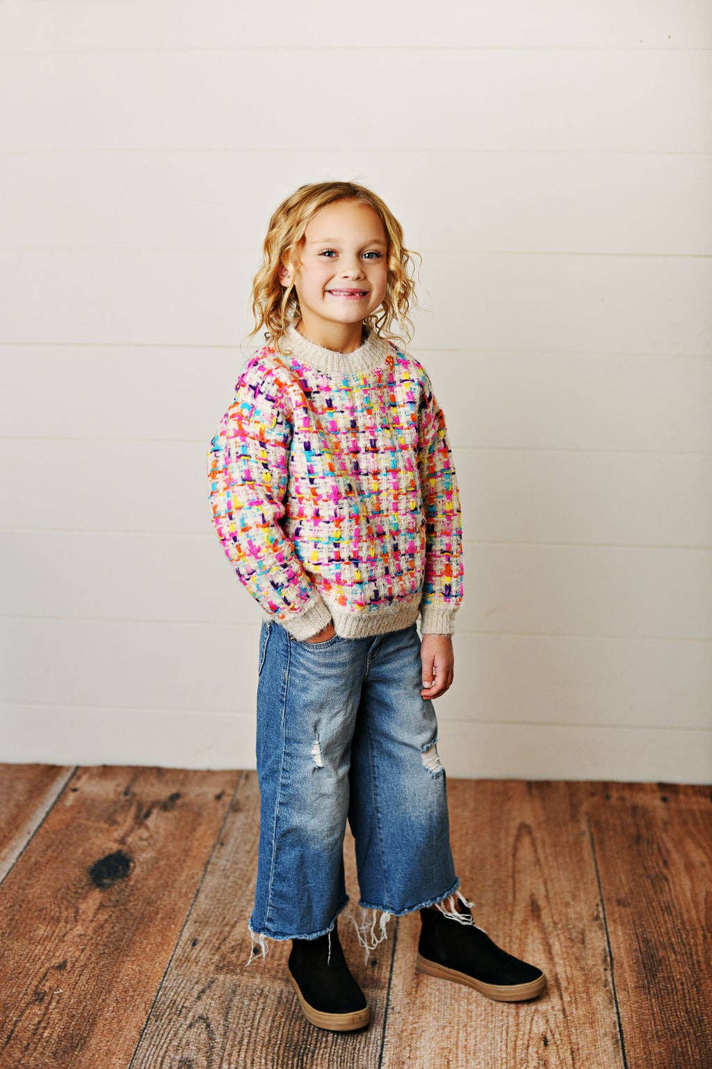 Kids Rainbow Colored Knit Texture Crew Neck Fall Sweater: 7/8